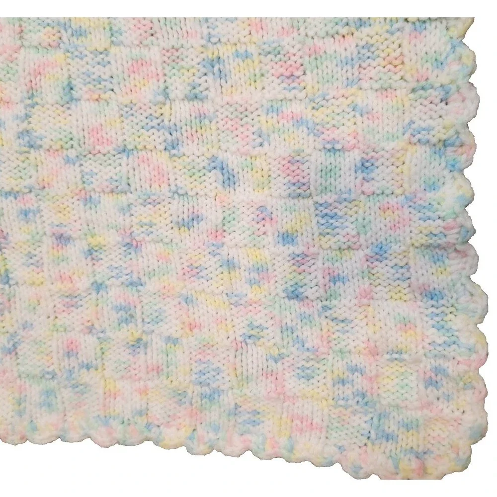 Handmade Knitted Baby Blanket Basketweave Stitch Pink Blue White 30